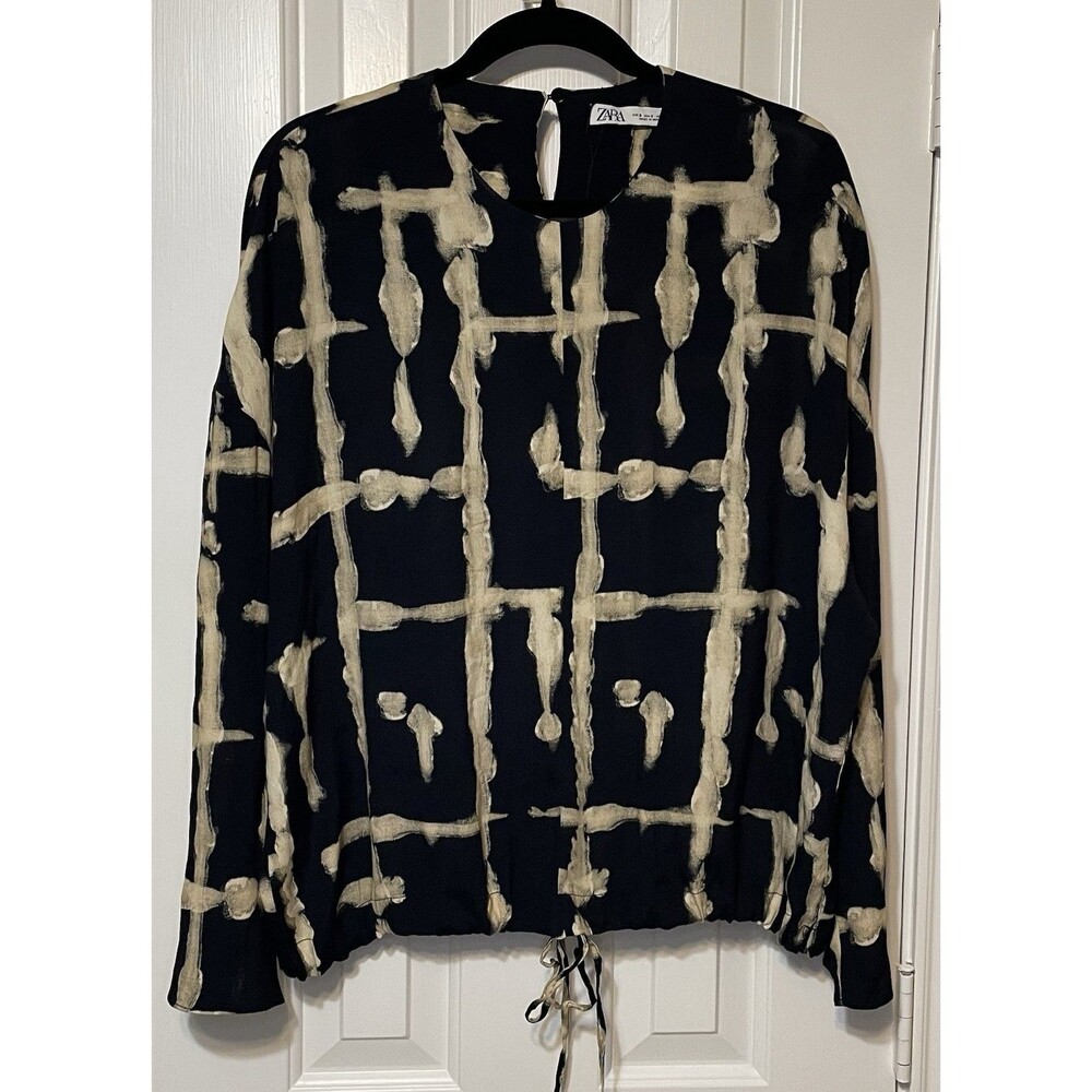 ZARA Women’s Abstract Black Beige Print Long Sleeve Blouse Drawstring Waist S